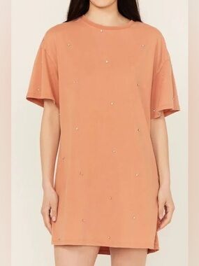 Rock and Roll Denim Rhinestone T-Shirt Dress Peach/Orange Size Medium